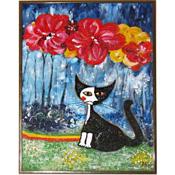 Kočka čenobílá - (podle Rosiny Wachtmeister), r.2003, akryl na plátně, 25 x 40 cm