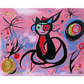 Růžová kočka. Dle J. Miró – r. 2010 25 x 20 cm, akryl na plátně 