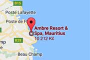 Mapa ostrova Mauricius s vyznačením hotelu Ambre Resort & Spa